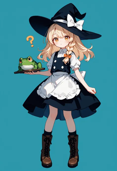 (score_10,score_9_up,score_8_up,score_7_up),holding tray, frog on tray,kirisame_marisa, 1girl, solo, long_hair, blush, skirt, shirt, hat, bow, standing, full_body, braid, short_sleeves, boots, apron, vest, puffy_short_sleeves, single_braid, witch_hat, buttons, ?, hat_bow, waist_apron, cross-laced_footwear