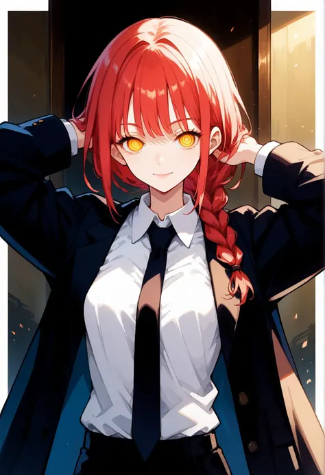 (score_9,score_8_up,score_7_up),makima_\(chainsaw_man\), 1girl, solo, bangs, shirt, long_sleeves, yellow_eyes, white_shirt, braid, sidelocks, red_hair, necktie, collared_shirt, shadow, formal, suit, red_background, braided_ponytail, ringed_eyes,smirk,makima_\(chainsaw_man\), long_hair, shirt, long_sleeves, medium_breasts, closed_mouth, jacket, yellow_eyes, white_shirt, upper_body, braid, sidelocks, red_hair, open_clothes, necktie, collared_shirt, pants, character_name, arm_up, open_jacket, lips, black_jacket, eyelashes, single_braid, copyright_name, black_pants, formal, suit, black_necktie, red_background, braided_ponytail, shirt_tucked_in, ringed_eyes, business_suit