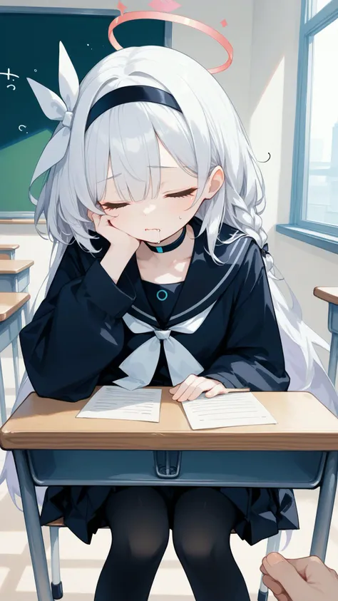 score_10,score_9_up,score_8_up,score_7_up,hadrian,simple background,pov,leaning forward,arm support,hand on own face,classroom,desk,sitting,
1girl,<lora:2202_æ®æå¨1:0.5>,plana \(blue archive\),long hair,white hair,braid,bow hairband,halo,choker,black serafuku,sailor collar,skirt,black pantyhose,closed eyes,sleepy,drooling