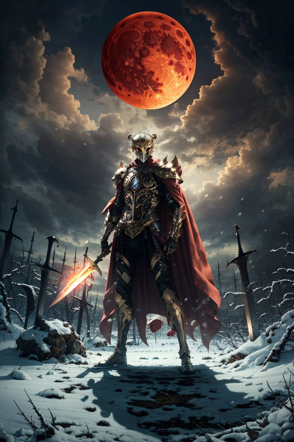 <lora:HXarmour_010:0.7>,HXARMOUR,1girl,full_body,looking at viewer,HDR,UHD,8K,highres,realistic,masterpiece,light_rays,rim light,metallic luster,red cape,<lora:ubw:0.8>,(planted:1.1),(planted sword:1.2),snow,gears,outdoors,fighting stance,field of blades,blood on clothes,blood splatter,blood on weapon,red moon,, (masterpiece, best quality, high quality, highres, ultra-detailed),