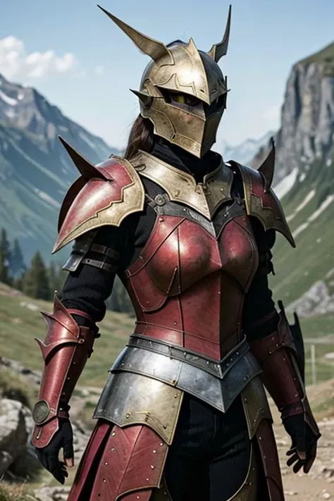 <lora:HXarmour_011b:0.4>,hxarmour,1girl,(red armour:1.3),moutain,hand up,