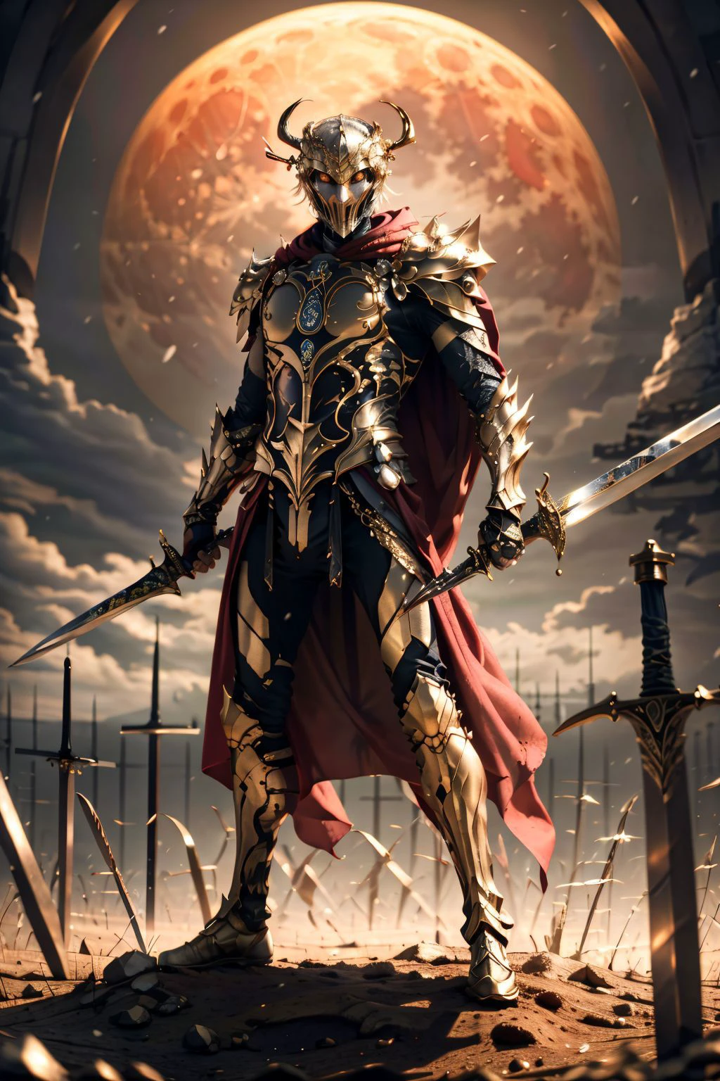 <lora:HXarmour_010:0.7>,HXARMOUR,1girl,full_body,looking at viewer,HDR,UHD,8K,highres,realistic,masterpiece,light_rays,rim light,metallic luster,red cape,<lora:ubw:0.8>,(planted:1.1),(planted sword:1.2),snow,gears,outdoors,fighting stance,field of blades,blood on clothes,blood splatter,blood on weapon,red moon,, (masterpiece, best quality, high quality, highres, ultra-detailed),