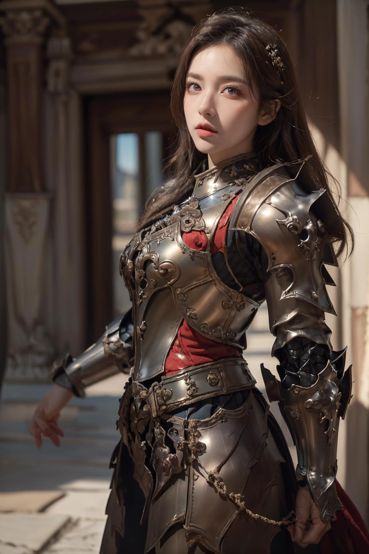 (Best Quality, Masterpiece:1.4), (Realism:1.2), (Realisitc:1.2), (Absurdres:1.2), (photorealistic:1.3), 1 girl,Realistic Skin,Solo,( Very Big Eyes,beautiful detailed eyes, symmetric eyes,), ((cowboy shot)), <lora:HXarmour_019:0.9>,(Vivacious pose:1.3),hxarmour,1girl,mountain,(light brown armour:1.3),