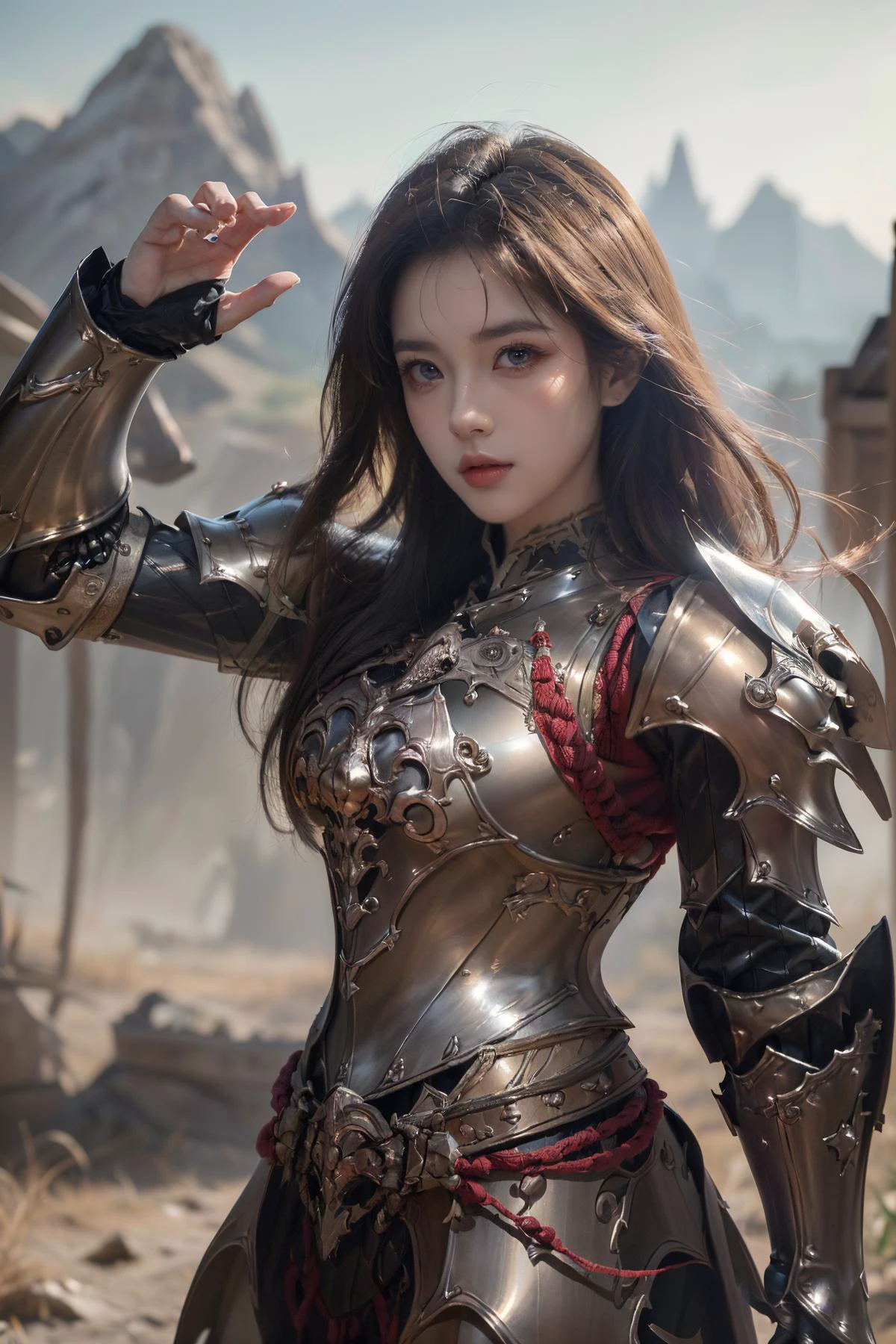 (Best Quality, Masterpiece:1.4), (Realism:1.2), (Realisitc:1.2), (Absurdres:1.2), (photorealistic:1.3), 1 girl,Realistic Skin,Solo,( Very Big Eyes,beautiful detailed eyes, symmetric eyes,), ((cowboy shot)), <lora:HXarmour_019:0.9>,(Vivacious pose:1.3),hxarmour,1girl,mountain,(light brown armour:1.3),