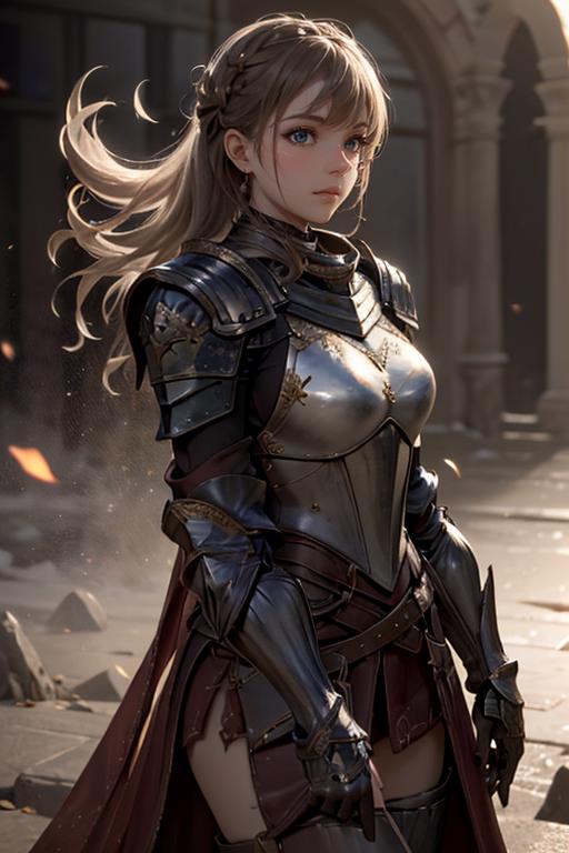 A woman in armor standing in front of a building - SeaArt AI