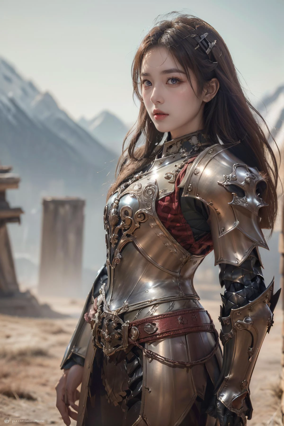 (Best Quality, Masterpiece:1.4), (Realism:1.2), (Realisitc:1.2), (Absurdres:1.2), (photorealistic:1.3), 1 girl,Realistic Skin,Solo,( Very Big Eyes,beautiful detailed eyes, symmetric eyes,), ((cowboy shot)), <lora:HXarmour_019:0.9>,(Vivacious pose:1.3),hxarmour,1girl,mountain,(light brown armour:1.3),