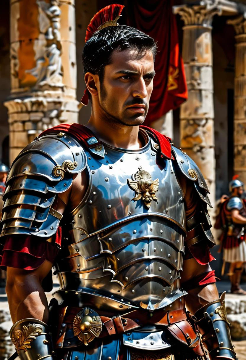a Roman soldier in full armor,standing tall with a serious expression on his face. on the background military,((masterpiece)),((detailed)),<lora:add-detail-xl:1>,<lora:DarkGrimFantasyXL:0.6>,<lora:HXarmour_014:1>,