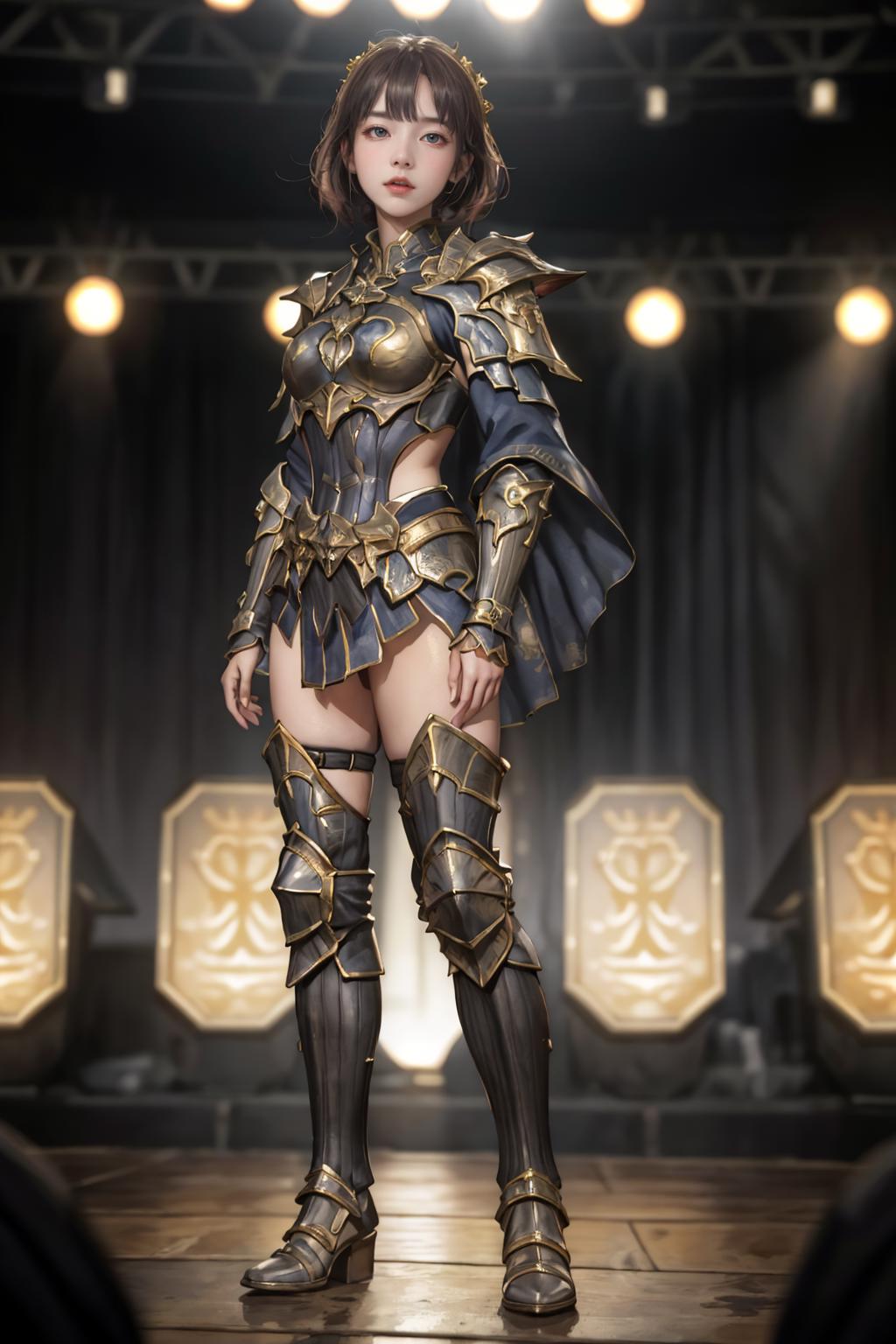 A woman in armor standing on a stage with a spotlight - SeaArt AI