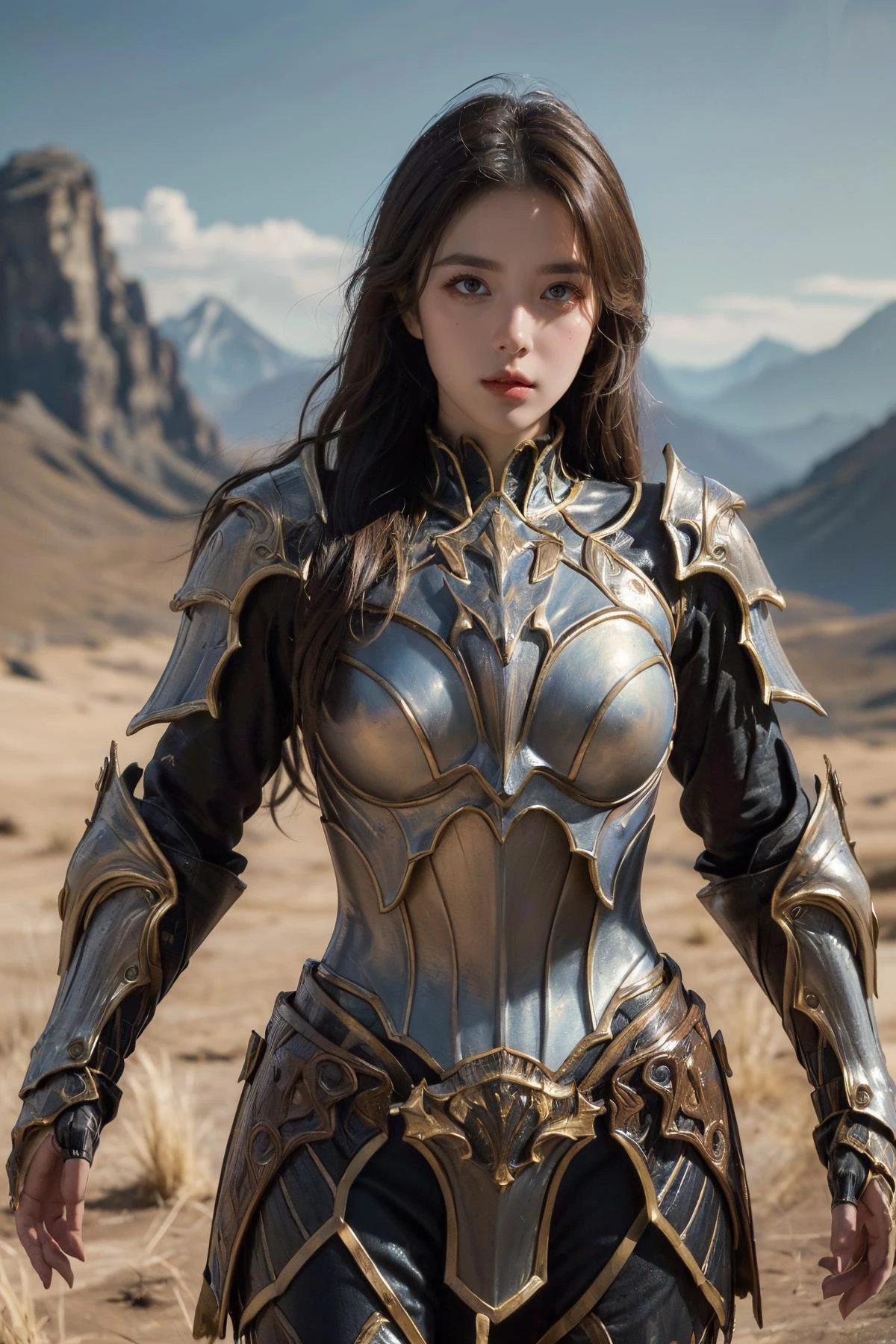 (Best Quality, Masterpiece:1.4), (Realism:1.2), (Realisitc:1.2), (Absurdres:1.2), (photorealistic:1.3), 1 girl,Realistic Skin,Solo,( Very Big Eyes,beautiful detailed eyes, symmetric eyes,), ((cowboy shot)), <lora:HXarmour_020:0.6>,(Adventure pose:1.2),hxarmour,1girl,mountain,(light brown armour:1.2),