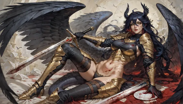 score_9, score_8_up, score_7_up,  monster girl, bird girl, bird monster girl, black wings, feathered wings, yellow eyes, hair between eyes, long hair, very long hair, scales, feathers, freckles, wild, agressive, sword, one sword, big sword armor, kill, blood, beautiful, impressive, attack, look at viewer, black scales, scales, guntlet, pauldrons, breast plate, belly armor, leg armor, full armor, leather pants, leather shirt, clothing, scales on neck, scars, blood on clothing, blood, cheek scar, albedoarmor, black armor, scaled humanoid, dragon girl, bird dragon  <lora:Gothic Art 2 Style SDXL_LoRA_Pony Diffusion V6 XL:0.9><lora:Expressive_H-000001:1.0><lora:scaled-humanoid:0.8><lora:HXarmour_013:0.8><lora:Albedoarmortrained:0.8>