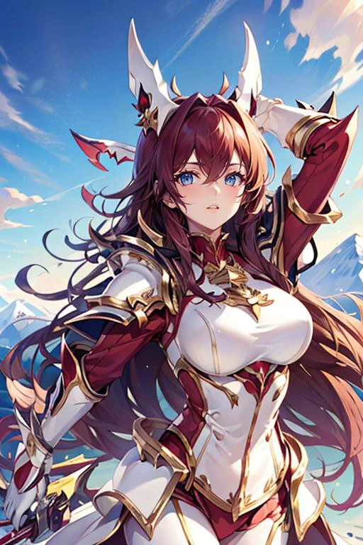 hxarmour,1girl,(white armour:1.8),mountain,looking up,<lora:HXarmour_008:0.8>,