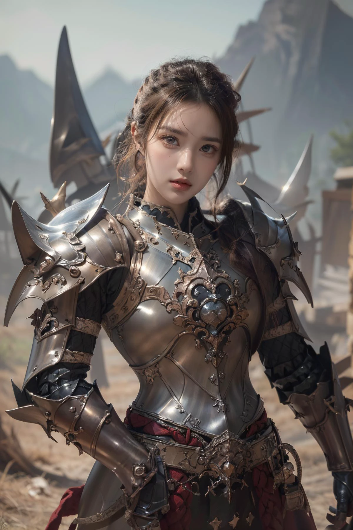 (Best Quality, Masterpiece:1.4), (Realism:1.2), (Realisitc:1.2), (Absurdres:1.2), (photorealistic:1.3), 1 girl,Realistic Skin,Solo,( Very Big Eyes,beautiful detailed eyes, symmetric eyes,), ((cowboy shot)), <lora:HXarmour_019:0.9>,(Vivacious pose:1.3),hxarmour,1girl,mountain,(light brown armour:1.3),