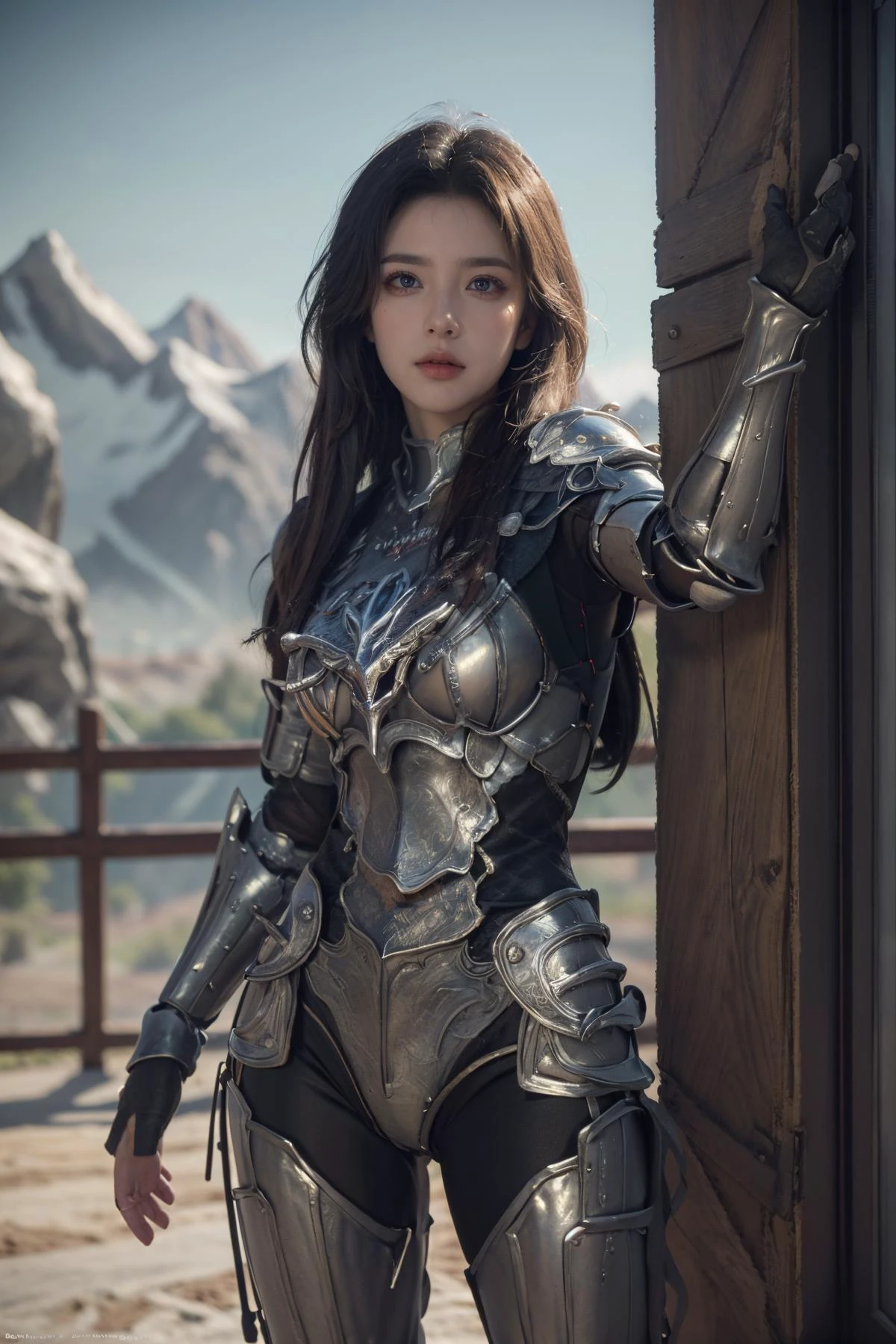 (Best Quality, Masterpiece:1.4), (Realism:1.2), (Realisitc:1.2), (Absurdres:1.2), (photorealistic:1.3), Realistic Skin,Solo,( Very Big Eyes,beautiful detailed eyes, symmetric eyes,), ((cowboy shot)), <lora:HXarmour_026:0.8>,mountain,Stretching pose,, hxarmour,1girl,(black armour:1.3),, ultra-detailed,extremely delicate and beautiful,(by exquisite colors block),masterpiece,best quality,unreal engine 5 rendering,movie light,movie lens,movie special effects,detailed details,HDR,UHD,8K,CG wallpaper,