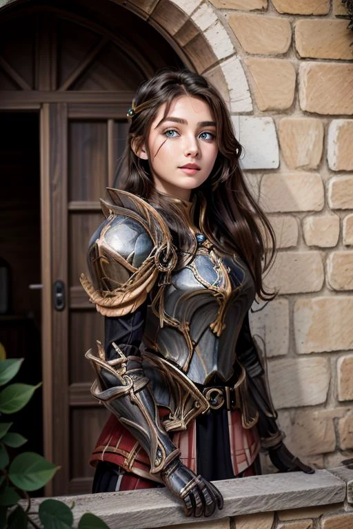1girl, beautiful, delicate, perfect eyes, nose, lips, face ((masterpiece)), ((best quality)), highres <lora:HXarmour_075:0.9> HXarmour <lora:from_outside_window:1> from outside window of a medieval house looking at viewer
