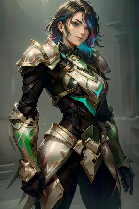 <lora:HXarmour_051:0.8> hxarmour,1girl,(black armour:1.2),, ultra-detailed,extremely delicate and beautiful,(by exquisite colors block),masterpiece,best quality, light,movie,movie specffects,detailed details,HDR,32K detailed green gl0w1ngR girl in very realistic highly detailed gl0w1ngR green armour, ultra realistic extremely detailed hands and fingers, warm smile, (revealing armour:0.6), intricate details, glossy look (colorful armour:1.6)<lora:GlowingRunesAIv4-000005:1>