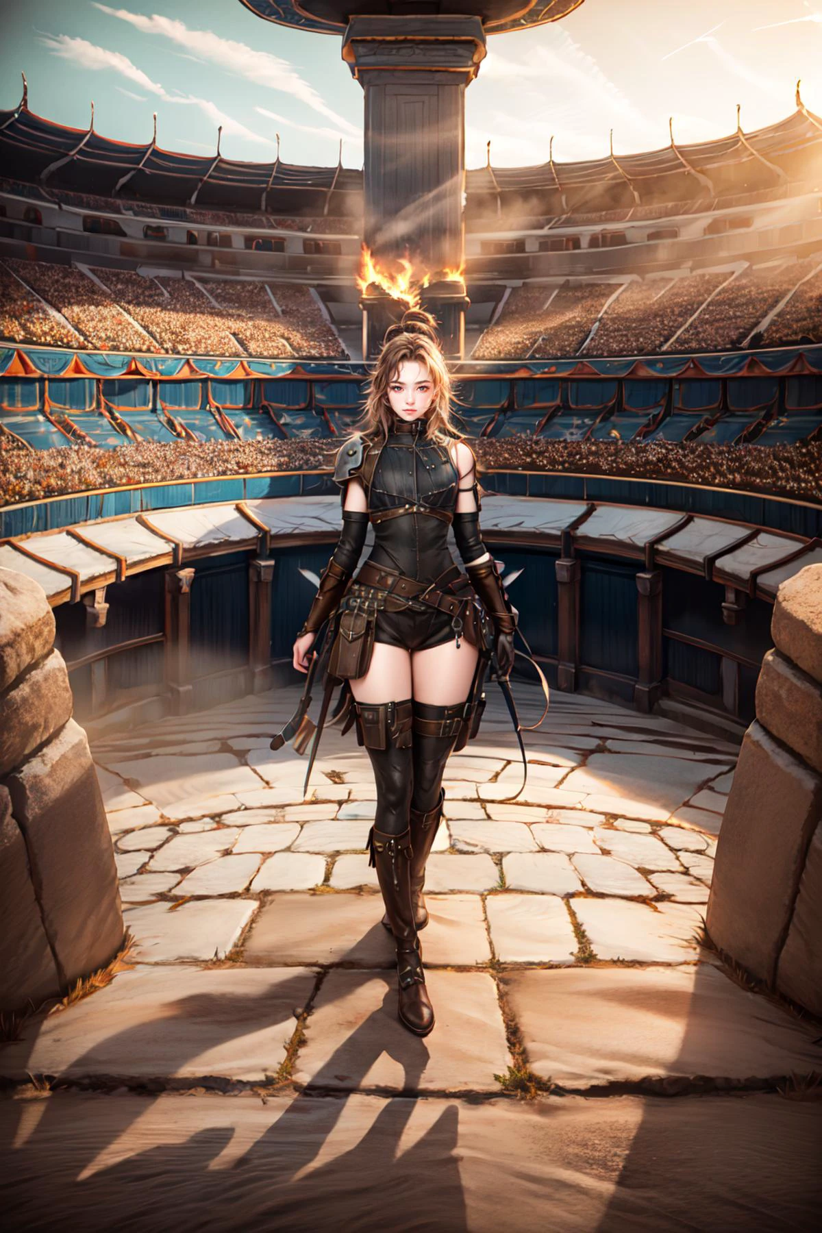 <lora:HX_armour 062:0.9>, (HXARMOUR, armor, holding a crossbow):1.24, (fighting, fire bolt from crossbow),
BREAK 1woman, ((young woman)), adorable, clear face, solo, (((full body))):1.34, ((curvy body, slender, multicolor blonde hairs, long hairs)):1.2,
BREAK soft light, light on face, cinematic lighting, detailed(shadow),
BREAK <lora:add_detail:0.45>, extremely detailed, CG, finely detailed, (masterpiece, best quality):2.0, ((photorealistic:1.15)),
BREAK <lora:uber_saggy2:0.68>, saggy, sagging_breasts, ((gigantic breasts)), <lora:Front face lighting åé¢ã©ã¤ãã¢ãã v2:0.5>, <lora:Arena:0.75>, (a large fantasy arena, spectator crowd, seen from above, wide arena, clear sky),