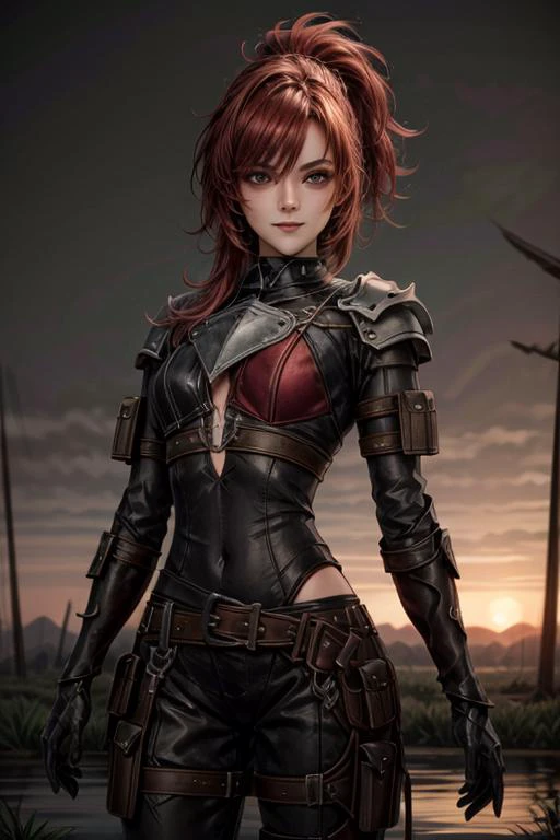 <lora:HXarmour_062:0.8>fantasy adventurer pose,hxarmour,1girl,(crimson color fabric armour:1.8),ultra-detailed,extremely delicate and beautiful,(by exquisite colors block),masterpiece,best quality,unreal engine 5 rendering,movie light,movie lens,movie special effects,detailed details,HDR,UHD,8K,CG wallpaper, perfect hands,sharp focus,highly detailed dark fantasy background,medieval dark swamps,vivid colors,sunset, long red color hair,high texture resolution <lora:add_detail:1.25> (((red))), frivolous smile