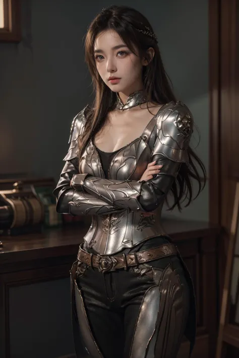 (Best Quality, Masterpiece:1.4), (Realism:1.2), (Realisitc:1.2), (Absurdres:1.2), (photorealistic:1.3), Realistic Skin,Solo,( Very Big Eyes,beautiful detailed eyes, symmetric eyes,), ((cowboy shot)), <lora:HXarmour_031:0.8>,mountain,Crossed arms, hxarmour,1girl,(black armour:1.3),, ultra-detailed,extremely delicate and beautiful,(by exquisite colors block),masterpiece,best quality,unreal engine 5 rendering, light,movie,movie specffects,detailed details,HDR,UHD,8K,CG wallpaper,