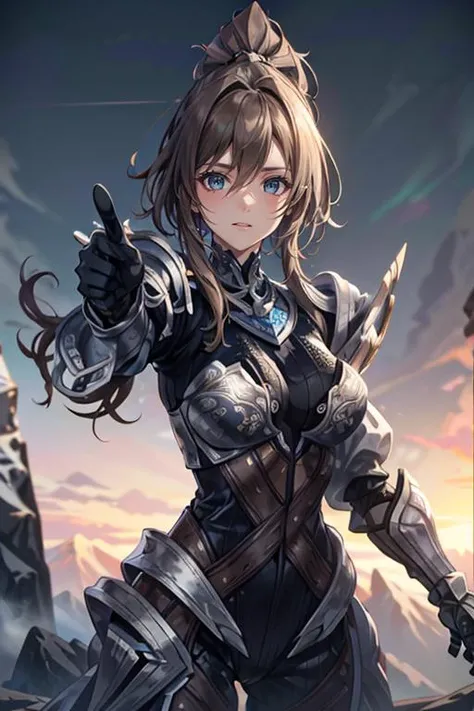 <lora:HXarmour_027:0.8>,mountain,Pointing at you,, hxarmour,1girl,(light blue armour:1.3),, ultra-detailed,extremely delicate and beautiful,(by exquisite colors block),masterpiece,best quality,unreal engine 5 rendering, light,movie,movie specffects,detailed details,HDR,UHD,8K,CG wallpaper,