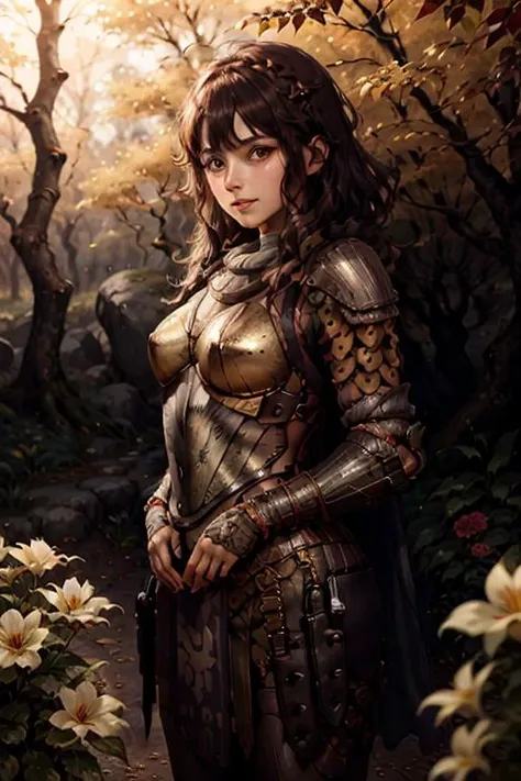 charming, 1girl, sunny day in a fantasy meadow with (colorful trees and flowers:1.6), (golden armor:1.6) ((masterpiece)), ((best quality)), 8k, epiCPhoto OverallDetail <lora:HXarmour_076:1> HXarmour, looking at viewer, ((hands behind back)), sharp focus <lora:contrast_slider_v10:2.25>