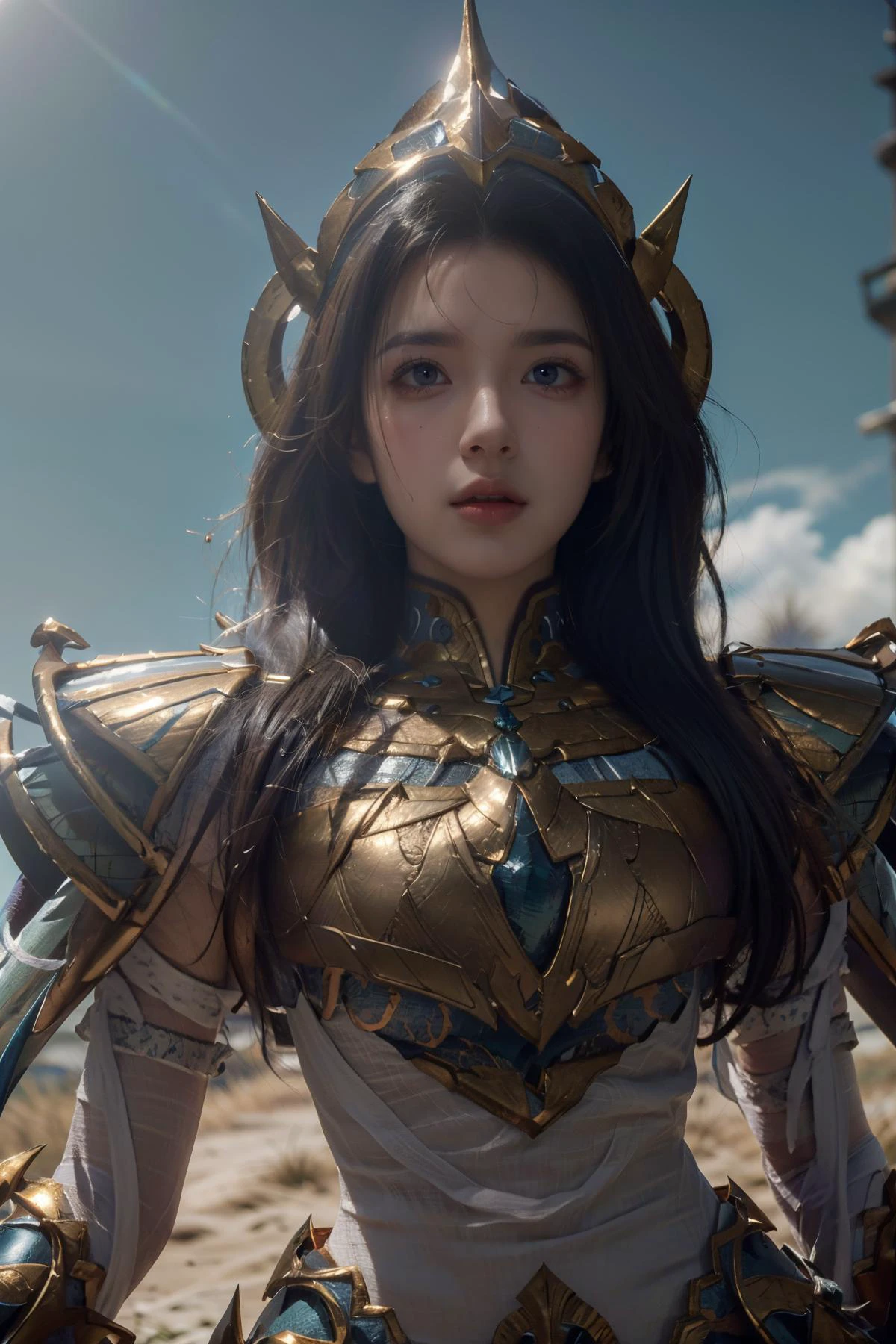 (Best Quality, Masterpiece:1.4), (Realism:1.2), (Realisitc:1.2), (Absurdres:1.2), (photorealistic:1.3), Realistic Skin,Solo,( Very Big Eyes,beautiful detailed eyes, symmetric eyes,), ((cowboy shot)), <lora:HXarmour_030:0.9>,mountain,Feminine Pose,, hxarmour,1girl,(blue armour:1.3),, ultra-detailed,extremely delicate and beautiful,(by exquisite colors block),masterpiece,best quality,unreal engine 5 rendering,movie light,movie lens,movie special effects,detailed details,HDR,UHD,8K,CG wallpaper,