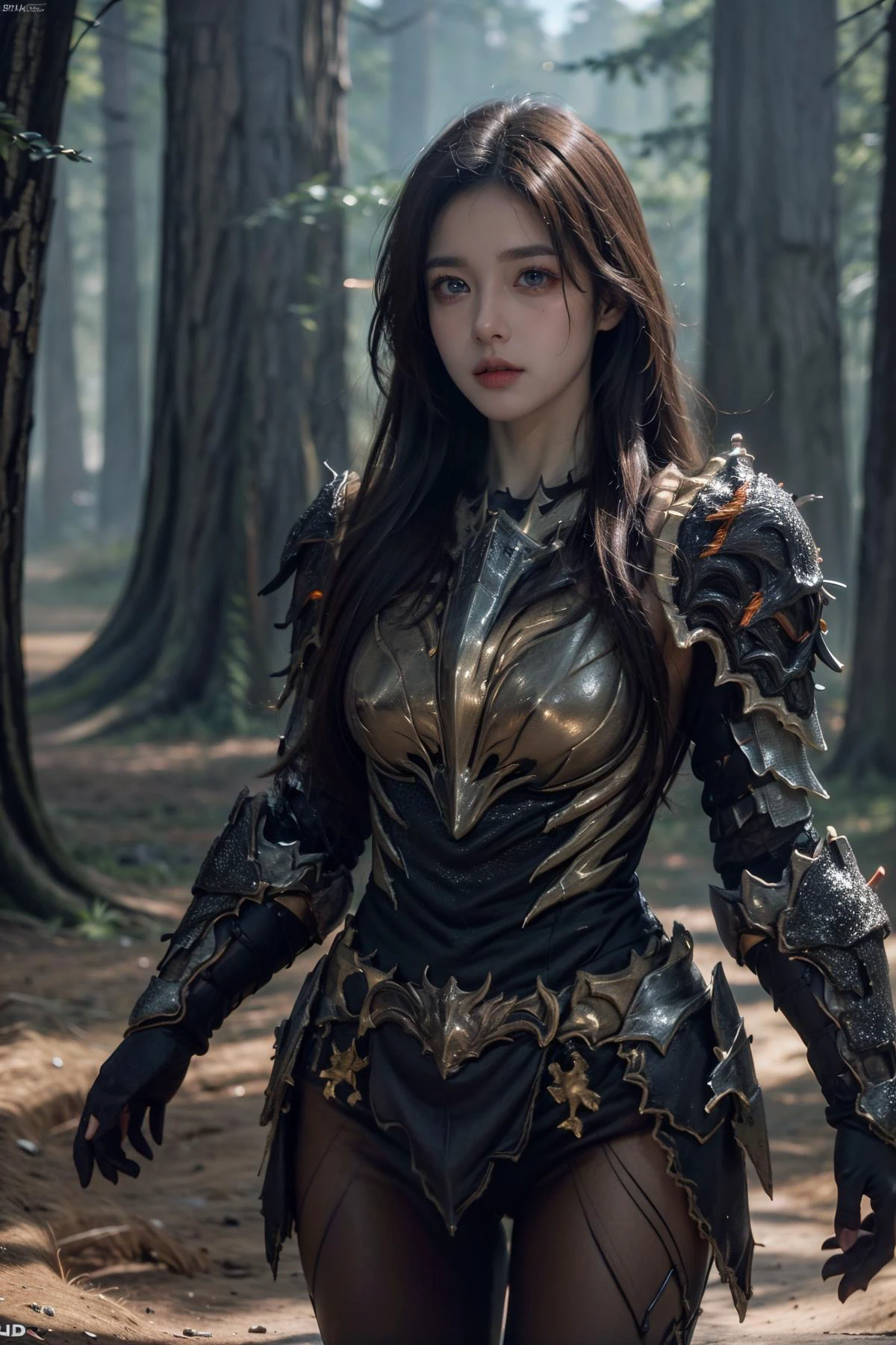 (Best Quality, Masterpiece:1.4), (Realism:1.2), (Realisitc:1.2), (Absurdres:1.2), (photorealistic:1.3), Realistic Skin,Solo,( Very Big Eyes,beautiful detailed eyes, symmetric eyes,), ((cowboy shot)), forest,<lora:HXarmour_023:0.8>,mountain,S-shape pose,, hxarmour,1girl,(yellow armour:1.3),, ultra-detailed,extremely delicate and beautiful,(by exquisite colors block),masterpiece,best quality,unreal engine 5 rendering,movie light,movie lens,movie special effects,detailed details,HDR,UHD,8K,CG wallpaper,