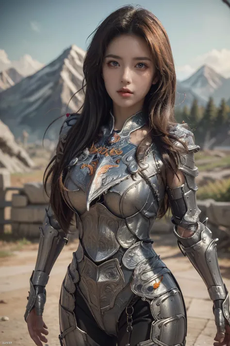 (Best Quality, Masterpiece:1.4), (Realism:1.2), (Realisitc:1.2), (Absurdres:1.2), (photorealistic:1.3), Realistic Skin,Solo,( Very Big Eyes,beautiful detailed eyes, symmetric eyes,), ((cowboy shot)), <lora:HXarmour_026:0.8>,mountain,Hands behind head,, hxarmour,1girl,(orange armour:1.3),, ultra-detailed,extremely delicate and beautiful,(by exquisite colors block),masterpiece,best quality,unreal engine 5 rendering, light,movie,movie specffects,detailed details,HDR,UHD,8K,CG wallpaper,