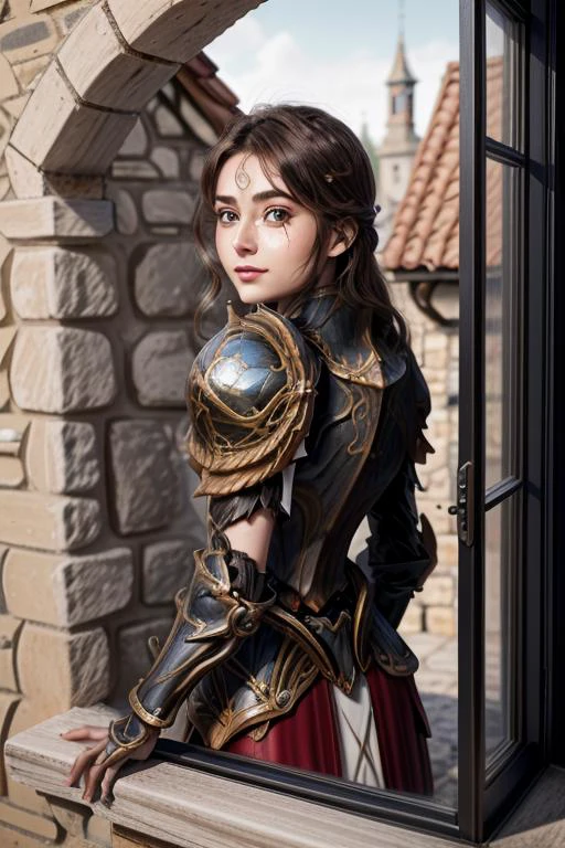 1girl, beautiful, delicate, perfect eyes, nose, lips, face ((masterpiece)), ((best quality)), highres <lora:HXarmour_075:0.9> HXarmour <lora:from_outside_window:1> from outside window of a medieval house looking at viewer, hands behind back, photorealistic
