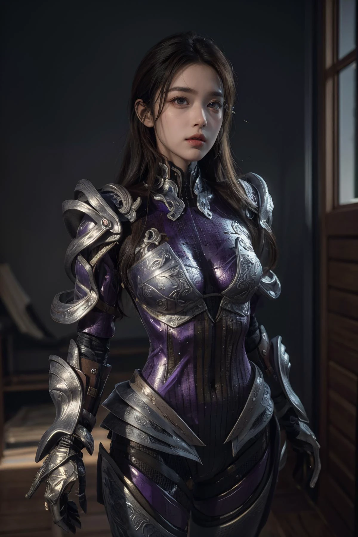 (Best Quality, Masterpiece:1.4), (Realism:1.2), (Realisitc:1.2), (Absurdres:1.2), (photorealistic:1.3), Realistic Skin,Solo,( Very Big Eyes,beautiful detailed eyes, symmetric eyes,), ((cowboy shot)), <lora:HXarmour_027:0.7>,mountain,Meditation pose,, hxarmour,1girl,(purple armour:1.3),, ultra-detailed,extremely delicate and beautiful,(by exquisite colors block),masterpiece,best quality,unreal engine 5 rendering,movie light,movie lens,movie special effects,detailed details,HDR,UHD,8K,CG wallpaper,