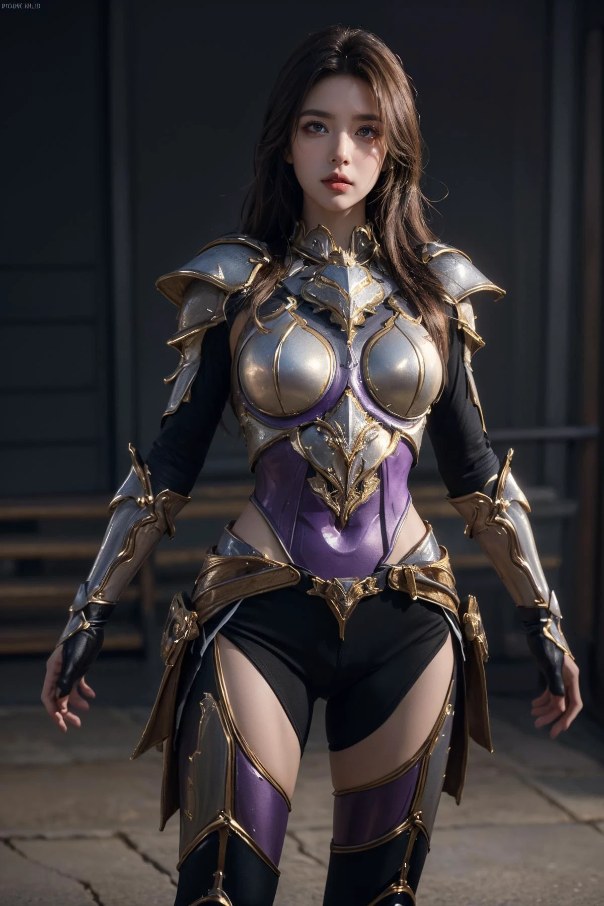 (Best Quality, Masterpiece:1.4), (Realism:1.2), (Realisitc:1.2), (Absurdres:1.2), (photorealistic:1.3), Realistic Skin,Solo,( Very Big Eyes,beautiful detailed eyes, symmetric eyes,), ((cowboy shot)), <lora:HXarmour_034:0.5>,mountain,captivating pose,full body,, hxarmour,1girl,(purple armour:1.3),, ultra-detailed,extremely delicate and beautiful,(by exquisite colors block),masterpiece,best quality,unreal engine 5 rendering,movie light,movie lens,movie special effects,detailed details,HDR,UHD,8K,CG wallpaper,