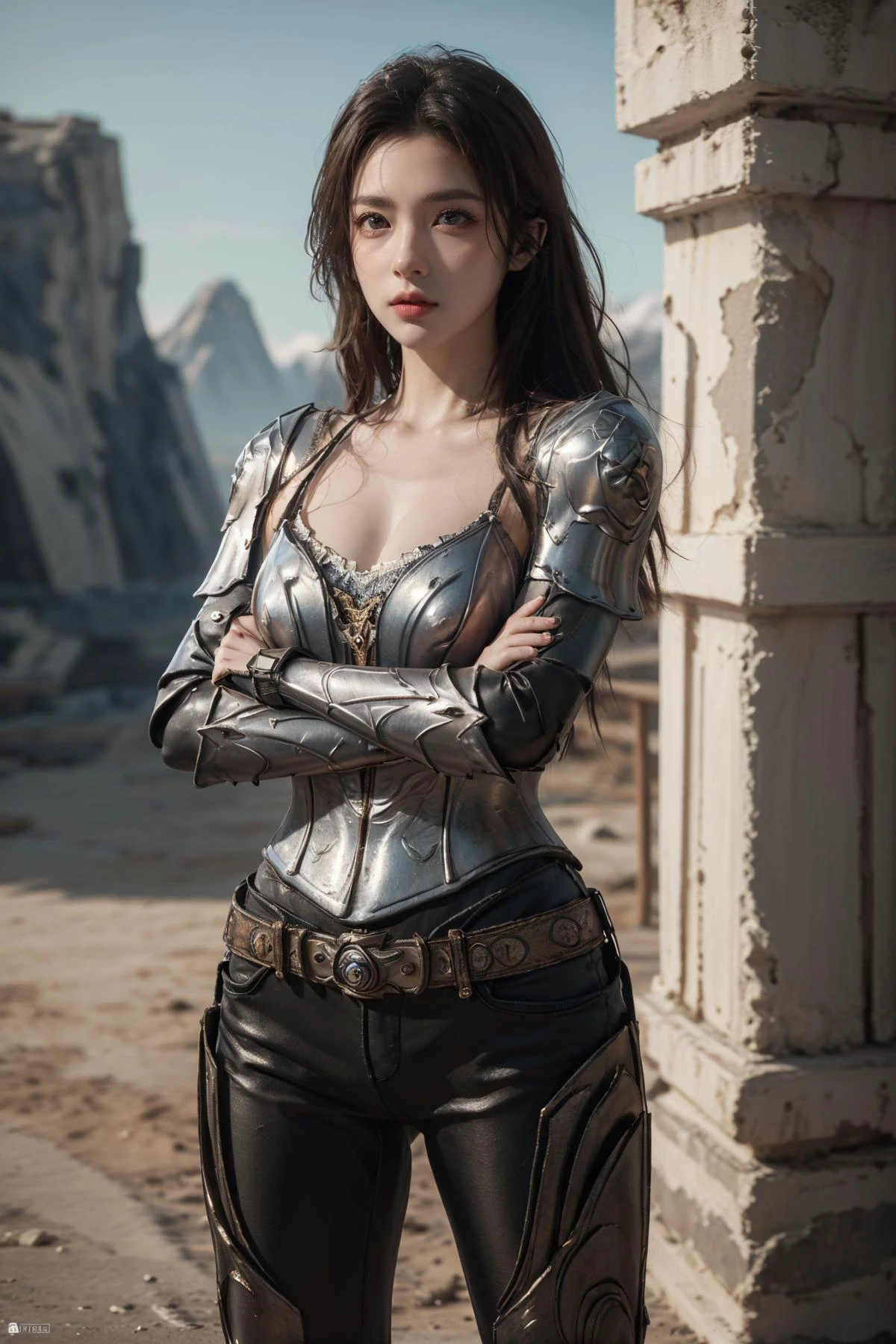 (Best Quality, Masterpiece:1.4), (Realism:1.2), (Realisitc:1.2), (Absurdres:1.2), (photorealistic:1.3), Realistic Skin,Solo,( Very Big Eyes,beautiful detailed eyes, symmetric eyes,), ((cowboy shot)), <lora:HXarmour_031:0.8>,mountain,Crossed arms, hxarmour,1girl,(black armour:1.3),, ultra-detailed,extremely delicate and beautiful,(by exquisite colors block),masterpiece,best quality,unreal engine 5 rendering,movie light,movie lens,movie special effects,detailed details,HDR,UHD,8K,CG wallpaper,