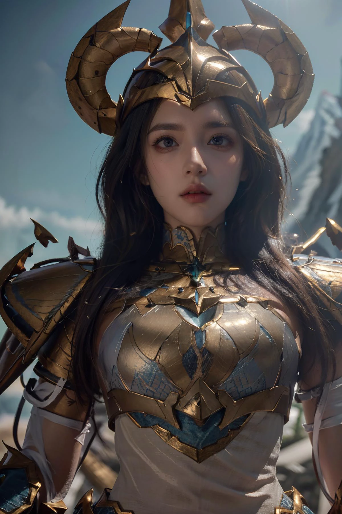 (Best Quality, Masterpiece:1.4), (Realism:1.2), (Realisitc:1.2), (Absurdres:1.2), (photorealistic:1.3), Realistic Skin,Solo,( Very Big Eyes,beautiful detailed eyes, symmetric eyes,), ((cowboy shot)), <lora:HXarmour_030:0.9>,mountain,Feminine Pose,, hxarmour,1girl,(blue armour:1.3),, ultra-detailed,extremely delicate and beautiful,(by exquisite colors block),masterpiece,best quality,unreal engine 5 rendering,movie light,movie lens,movie special effects,detailed details,HDR,UHD,8K,CG wallpaper,