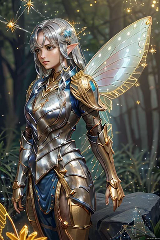 <lora:HXarmour_050:0.8>,enchanted forest, beautiful elf,, hxarmour,1girl,(red armour:1.2),, ultra-detailed,extremely delicate and beautiful,(by exquisite colors block),masterpiece,((best quality)),movie light,movie lens,movie special effects,detailed details,HDR,UHD,32K,CG wallpaper, (fairy dust particles:2.1), sharp focus on girl, ultra realistic, extremely detailed, perfect face, looking at viewer, concept art, digital painting, ultra realistic extremely detailed hands and fingers, (golden silver blue armour:1.8)