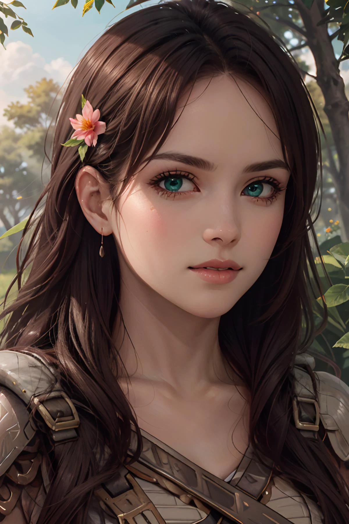 beautiful charming girl, sunny day in a fantasy ultra realistic highly detailed meadow with (realistic detailed colorful trees and flowers:1.6), (detailed green armor:1.6) (((masterpiece))), (((best quality))), 8k, epiCPhoto OverallDetail <lora:HXarmour_076:1> HXarmour, looking at viewer, sharp focus, vivid colors, hyperrealistic, photorealistic, highres, highly detailed, perfect eyes, nose, lips