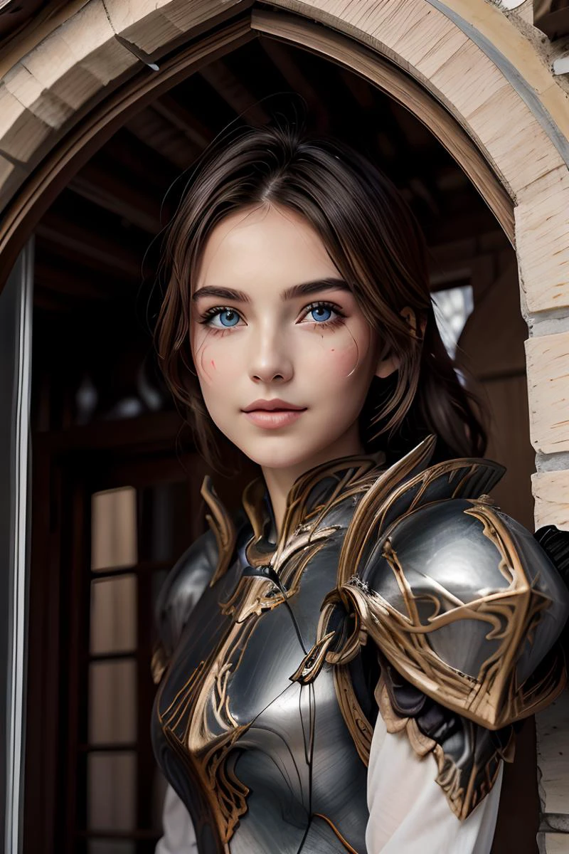 1girl, beautiful, delicate, perfect eyes, nose, lips, face ((masterpiece)), ((best quality)), highres <lora:HXarmour_075:0.9> HXarmour <lora:from_outside_window:1> from outside window of a medieval house looking at viewer