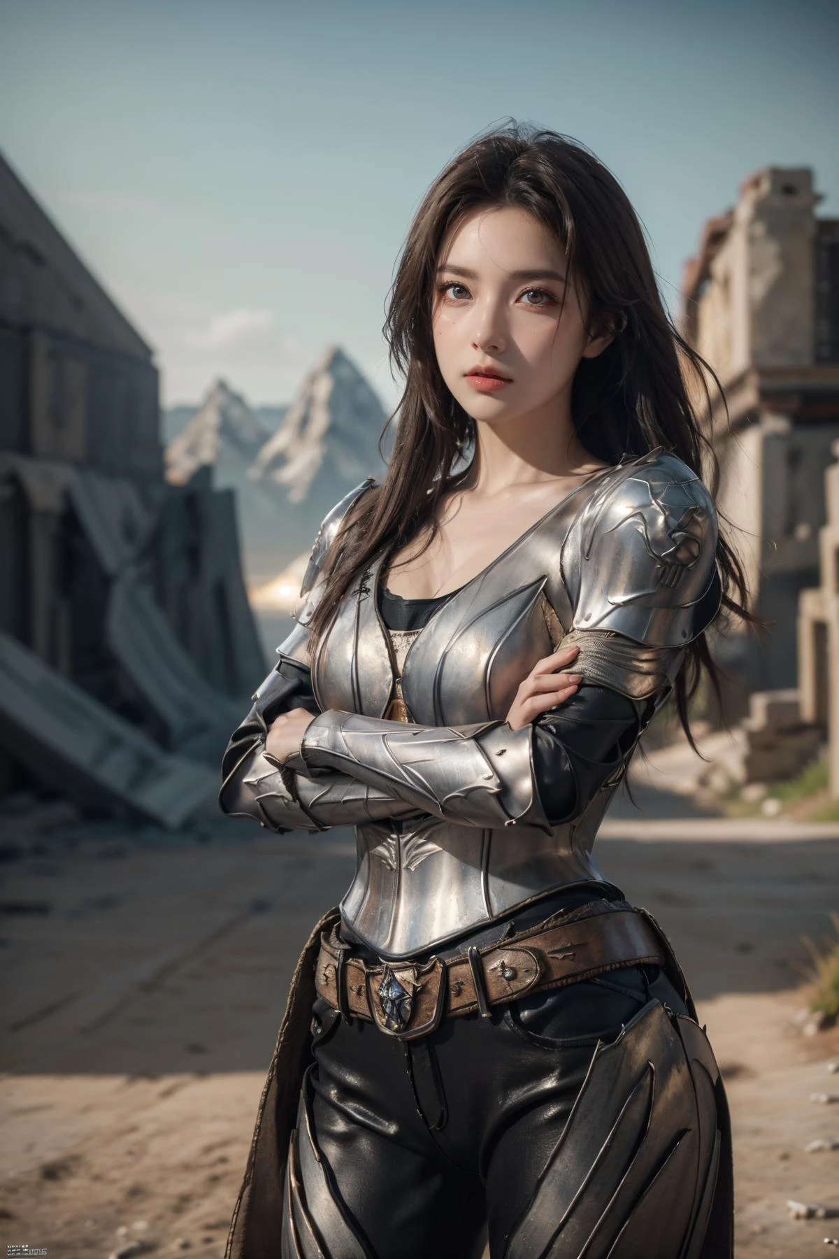 (Best Quality, Masterpiece:1.4), (Realism:1.2), (Realisitc:1.2), (Absurdres:1.2), (photorealistic:1.3), Realistic Skin,Solo,( Very Big Eyes,beautiful detailed eyes, symmetric eyes,), ((cowboy shot)), <lora:HXarmour_031:0.8>,mountain,Crossed arms, hxarmour,1girl,(black armour:1.3),, ultra-detailed,extremely delicate and beautiful,(by exquisite colors block),masterpiece,best quality,unreal engine 5 rendering,movie light,movie lens,movie special effects,detailed details,HDR,UHD,8K,CG wallpaper,