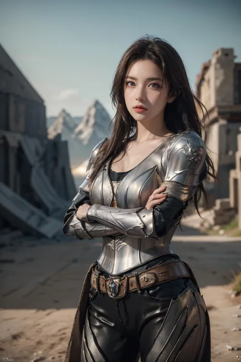 (Best Quality, Masterpiece:1.4), (Realism:1.2), (Realisitc:1.2), (Absurdres:1.2), (photorealistic:1.3), Realistic Skin,Solo,( Very Big Eyes,beautiful detailed eyes, symmetric eyes,), ((cowboy shot)), <lora:HXarmour_031:0.8>,mountain,Crossed arms, hxarmour,1girl,(black armour:1.3),, ultra-detailed,extremely delicate and beautiful,(by exquisite colors block),masterpiece,best quality,unreal engine 5 rendering, light,movie,movie specffects,detailed details,HDR,UHD,8K,CG wallpaper,