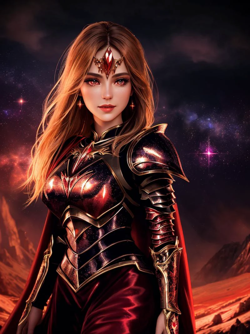 32k, HDR, UHD, CG wallpaper, fantasy settings <lora:HXarmour_044a:0.9>, mountain, (fashion modeling pose:1.2), hxarmour, 1girl, (black red armour:1.3), ultra-detailed, extremely delicate and beautiful, (by exquisite colors block), masterpiece, best quality, unreal engine 5 rendering, movie light, movie lens, movie special effects, ultra detailed details, perfect extremely detailed perfect quality face full body (fantasy look:1.2) mystical aura warm smile (fantasy background:1.4) starry sky (gloomy:1.4) realistic extremely detailed fiery background, beautifdul realistic lips, soft skin, dark red realistic extremely detailed cape, sparks in the air, beautiful realistic very detailed eyes, detailed fiery volcanic dust in the air, beautiful ultra realistic very detailed hands, beautiful realistic extremely detailed fingers