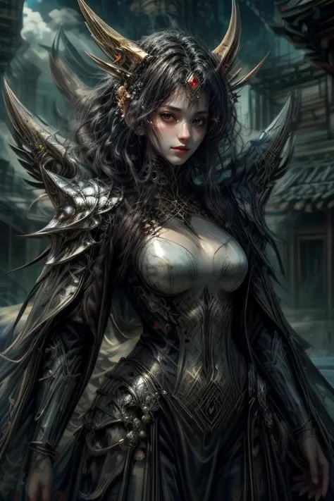 a woman with horns and a dress in a fantasy setting