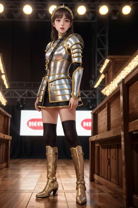 <lyco:GoodHands-beta2:1>,8k,highres,absurdres,masterpiece,best quality,original,extremely detailed CG,extremely detailed wallpaper,perfect lighting,
1girl,solo,blurry_background,looking_at_viewer,standing on the stage,
<lora:HXarmour_033d:0.7>,HXARMOUR,