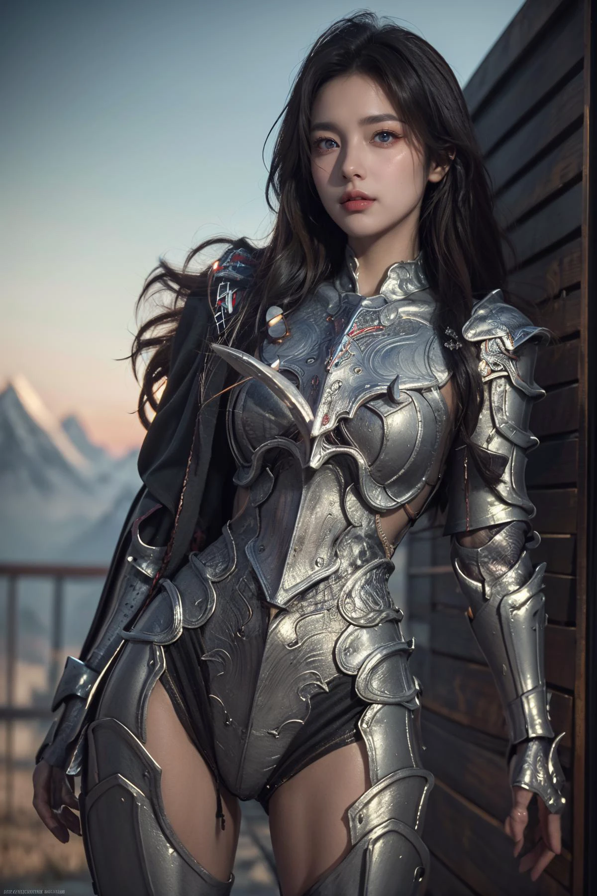 (Best Quality, Masterpiece:1.4), (Realism:1.2), (Realisitc:1.2), (Absurdres:1.2), (photorealistic:1.3), Realistic Skin,Solo,( Very Big Eyes,beautiful detailed eyes, symmetric eyes,), ((cowboy shot)), <lora:HXarmour_026:0.8>,mountain,Stretching pose,, hxarmour,1girl,(black armour:1.3),, ultra-detailed,extremely delicate and beautiful,(by exquisite colors block),masterpiece,best quality,unreal engine 5 rendering,movie light,movie lens,movie special effects,detailed details,HDR,UHD,8K,CG wallpaper,