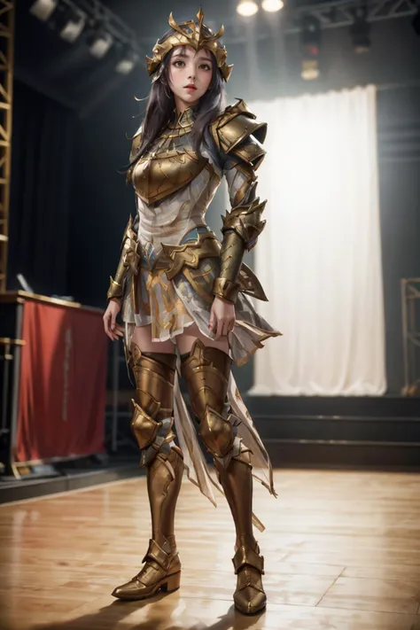 <lyco:GoodHands-beta2:1>,8k,highres,absurdres,masterpiece,best quality,original,extremely detailed CG,extremely detailed wallpaper,perfect lighting,
1girl,solo,blurry_background,looking_at_viewer,standing on the stage,
<lora:HXarmour_030:0.7>,HXARMOUR,