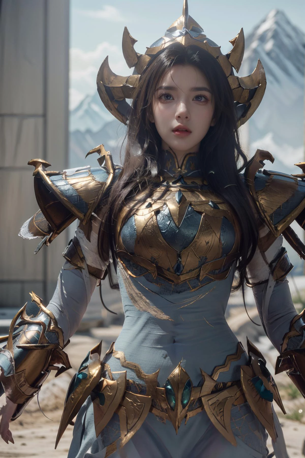 (Best Quality, Masterpiece:1.4), (Realism:1.2), (Realisitc:1.2), (Absurdres:1.2), (photorealistic:1.3), Realistic Skin,Solo,( Very Big Eyes,beautiful detailed eyes, symmetric eyes,), ((cowboy shot)), <lora:HXarmour_030:0.9>,mountain,Feminine Pose,, hxarmour,1girl,(blue armour:1.3),, ultra-detailed,extremely delicate and beautiful,(by exquisite colors block),masterpiece,best quality,unreal engine 5 rendering,movie light,movie lens,movie special effects,detailed details,HDR,UHD,8K,CG wallpaper,