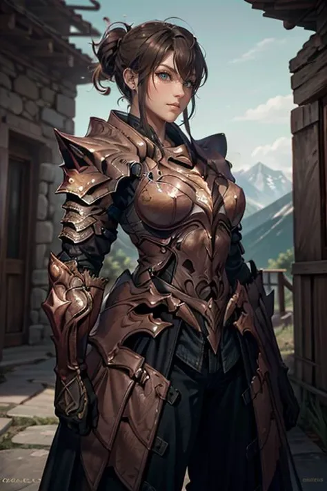 <lora:HXarmour_067:0.9>,MOUNTAIN,fashion modeling pose,, hxarmour,1girl,(dark brown armour:1.3),, ultra-detailed,extremely delicate and beautiful,(by exquisite colors block),masterpiece,best quality,unreal engine 5 rendering,movie light,movie lens,movie special effects,detailed details,HDR,UHD,8K,CG wallpaper,