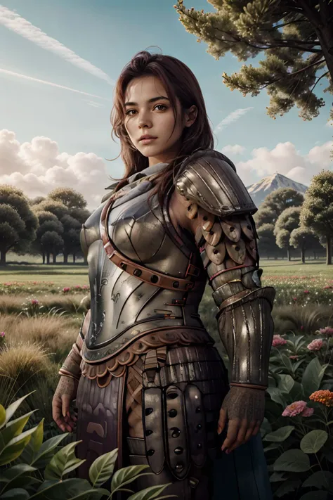 beautiful charming girl, sunny day in a fantasy ultra realistic highly detailed meadow with (realistic detailed colorful trees and flowers:1.6), (detailed red armor:1.6) (((masterpiece))), (((best quality))), 8k, epiCPhoto OverallDetail <lora:HXarmour_076:1> HXarmour, looking at viewer, sharp focus, vivid colors, hyperrealistic, photorealistic, highres, highly detailed, perfect eyes, nose, lips