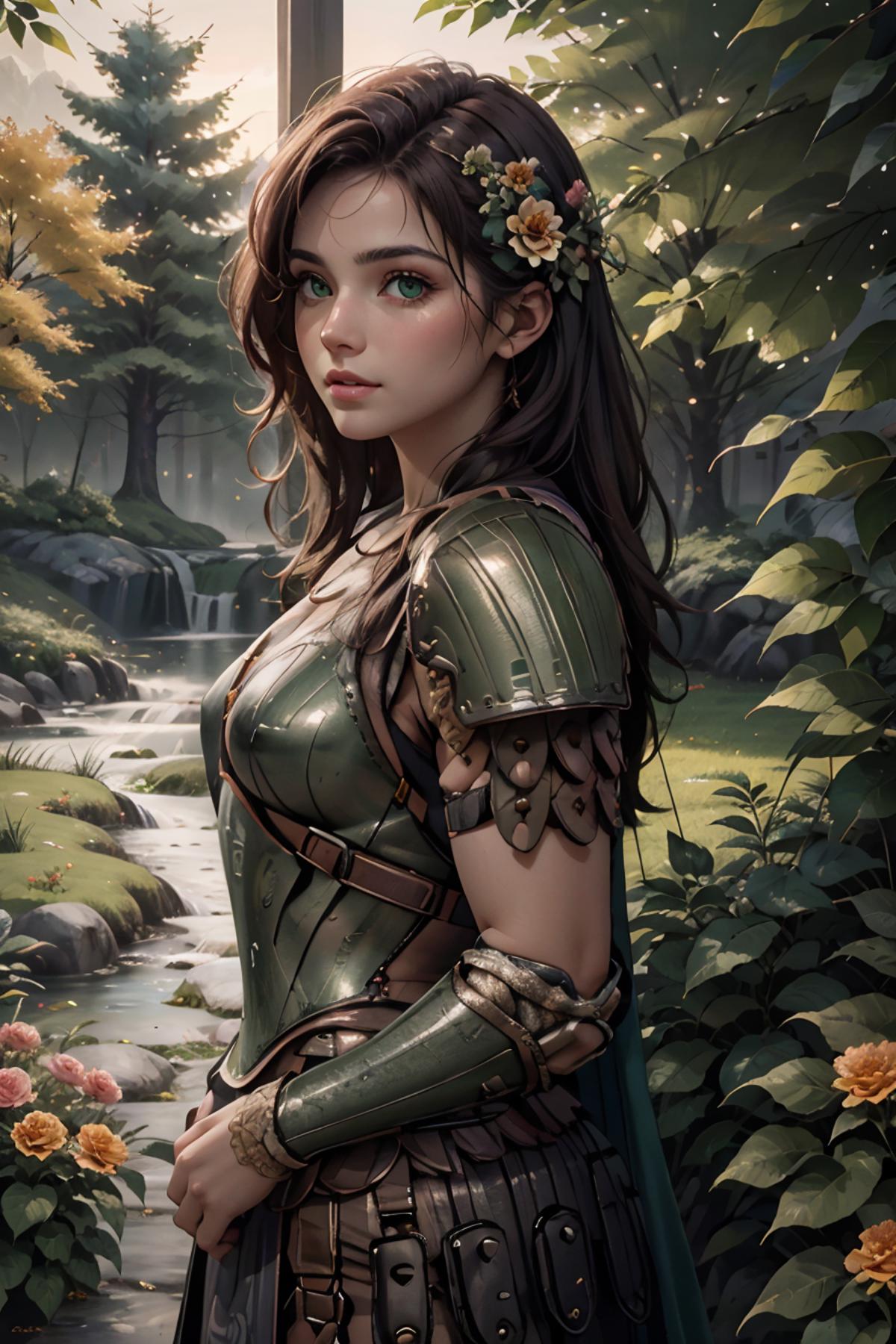 A woman in armor standing in front of a waterfall - SeaArt AI