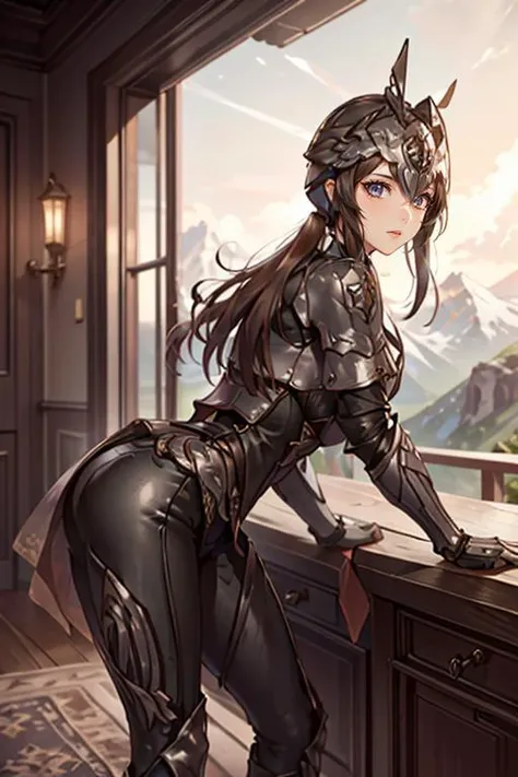 <lora:HXarmour_031>,mountain,Leaning forward,, hxarmour,1girl,(dark orange armour:1.3),, ultra-detailed,extremely delicate and beautiful,(by exquisite colors block),masterpiece,best quality,unreal engine 5 rendering, light,movie,movie specffects,detailed details,HDR,UHD,8K,CG wallpaper,