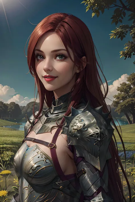 (beautiful charming girl:1.8), afternoon in a fantasy ultra realistic highly extremely detailed enchanted ((colorful meadow:1.8)) with (highly realistic very detailed colorful trees, plants and glowing flowers:2.2,((glowing colorful butterflies:1.4)),(crystal clear reflective lake:1.6) (detailed red armor:1.6) (((masterpiece))), (((best quality))), 8k, epiCPhoto OverallDetail <lora:HXarmour_078:0.9> HXarmour, looking at viewer, sharp focus, (vivid colors:1.4), ((hyperrealistic:1.4)), ((photorealistic:1.5)), highres, highly detailed, perfect eyes, perfect nose, lips, ultra texture resolution, (highly detailed skin texture:1.4), perfect detailed shiny (long red hair:1.6), ((upper body view:1.2)), (delicate smile:1.6), 16 bit colors, ultra sharpness image, (crisp colors:1.6), superrealistic, (realistic skin and lips texture:1.6) (highly realistic eyes texture:1.4) (highly detailed hair texture:1.6)