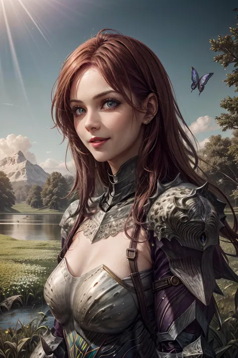 (beautiful charming girl:1.8), afternoon in a fantasy ultra realistic highly extremely detailed enchanted ((colorful meadow:1.8)) with (highly realistic very detailed colorful trees, plants and glowing flowers:2.2,((glowing colorful butterflies:1.4)),(crystal clear reflective lake:1.6) (detailed red armor:1.6) (((masterpiece))), (((best quality))), 8k, epiCPhoto OverallDetail <lora:HXarmour_078:0.9> HXarmour, looking at viewer, sharp focus, (vivid colors:1.4), ((hyperrealistic:1.4)), ((photorealistic:1.5)), highres, highly detailed, perfect eyes, perfect nose, lips, ultra texture resolution, (highly detailed skin texture:1.4), perfect detailed shiny (long red hair:1.6), ((upper body view:1.2)), (delicate smile:1.6), 16 bit colors, ultra sharpness image, (crisp colors:1.6), superrealistic, (realistic skin and lips texture:1.6) (highly realistic eyes texture:1.4) (highly detailed hair texture:1.6) <lora:more_details:0.8> <lora:ReaLora:0.5>
