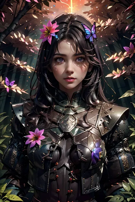 (beautiful charming girl:1.6), afternoon in a fantasy ultra realistic highly extremely detailed enchanted ((colorful forest:1.6)) with (highly realistic very detailed colorful trees, plants and glowing flowers:2.2),((glowing colorful butterflies:1.6)),(crystal clear reflective lake:1.4) (detailed purple armor:1.6) (((masterpiece))), (((best quality))), 8k, 4k, epiCPhoto OverallDetail <lora:HXarmour_077:1> HXarmour, looking at viewer, sharp focus, (vivid colors:1.2), hyperrealistic, photorealistic, highres, highly detailed, perfect eyes, perfect nose, lips, high texture resolution, (highly detailed skin texture:1.3)